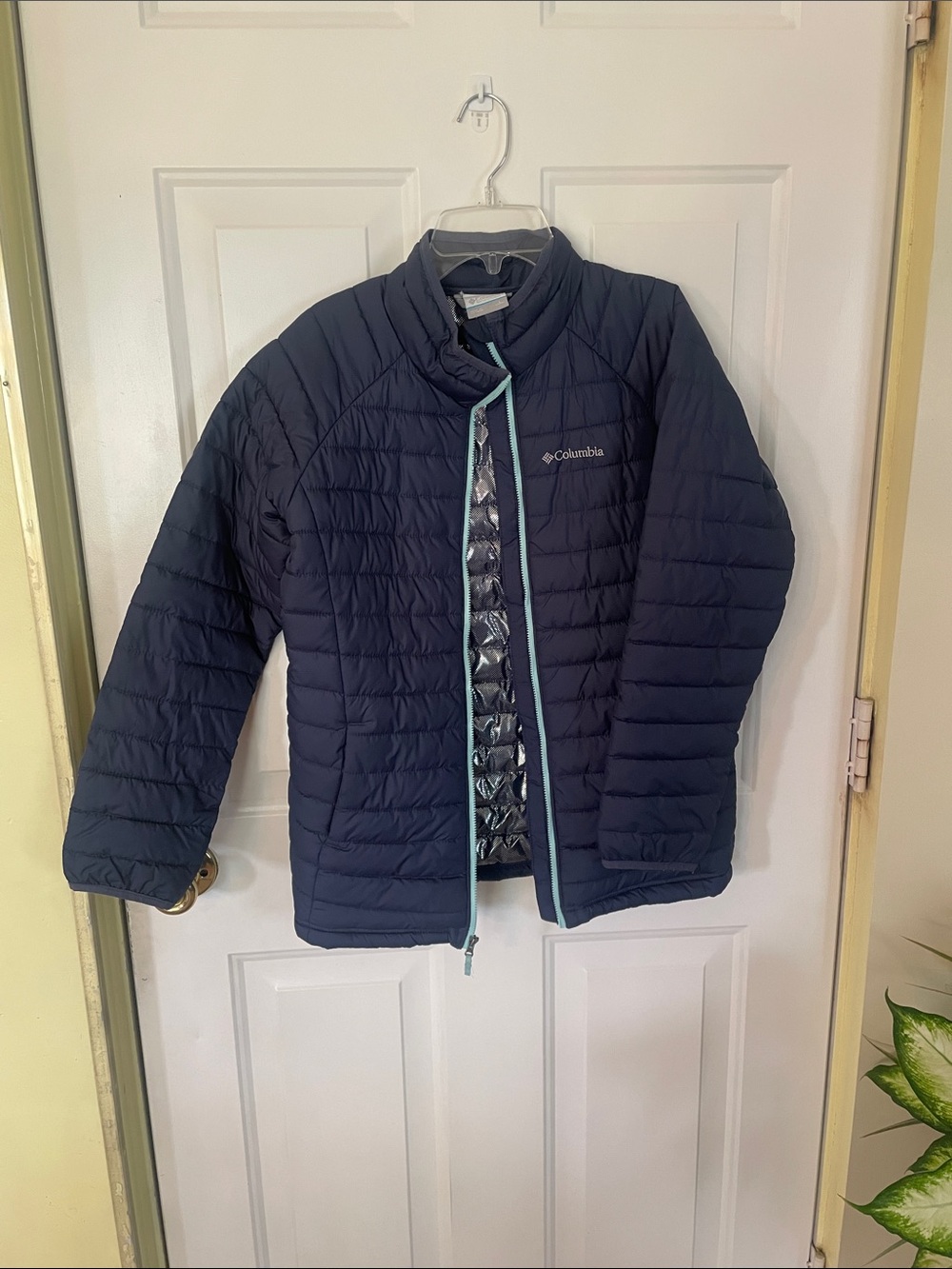 Columbia Kids Navy Quilted Packable Jacket with Light Blue Trim